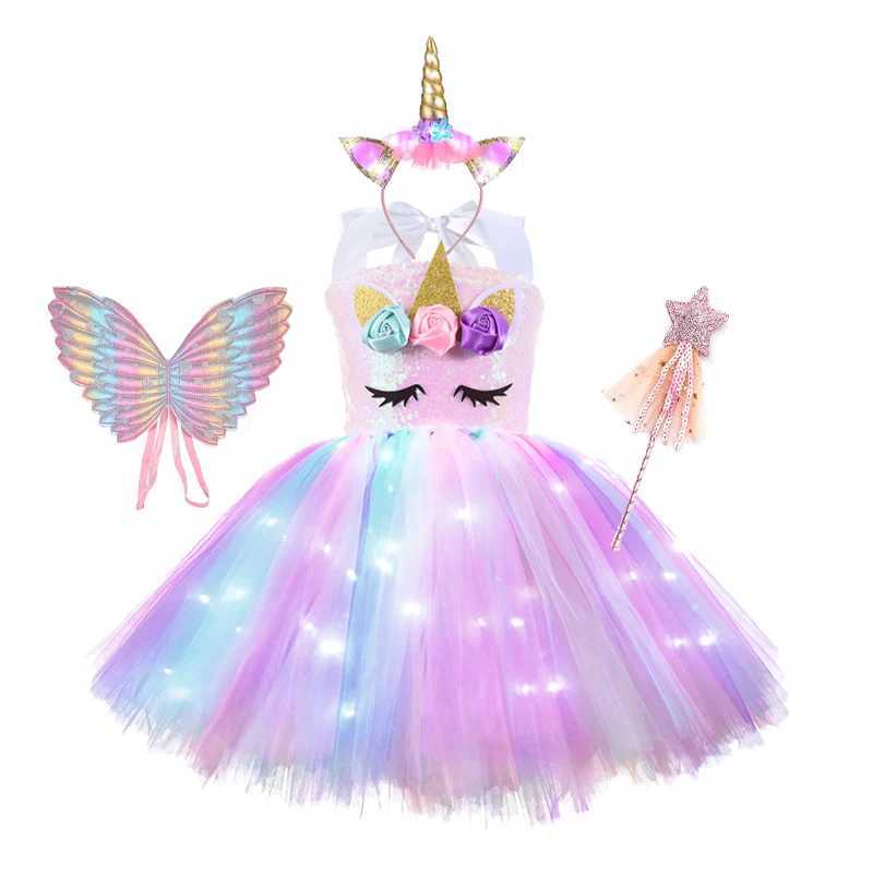Girl rainbow lit Tutu childrens birthday dress Par glitter glowing knee length dress Halloween animal costume W250111