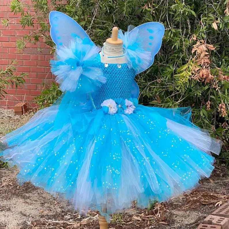 Girl Blue and White Sparkling Tutu Dress Childrens Flower Fairy Dress Butterfly Wing Stick Childrens Par Dress Princess Dress W250111
