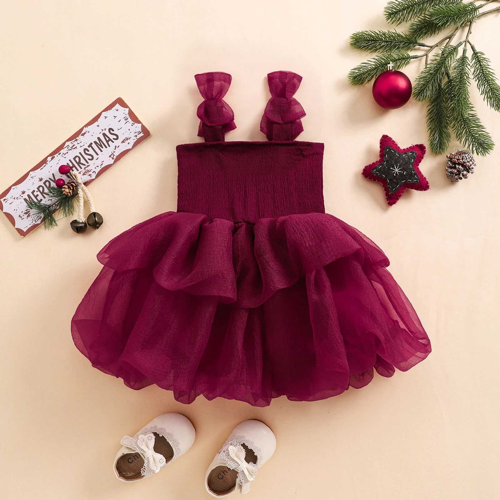 6M-6Y Christmas Childrens Baby Girls Red Dress Sleeveless Bow Layered Tulle Tutu Par Dress Girls Christmas Clothing W250111