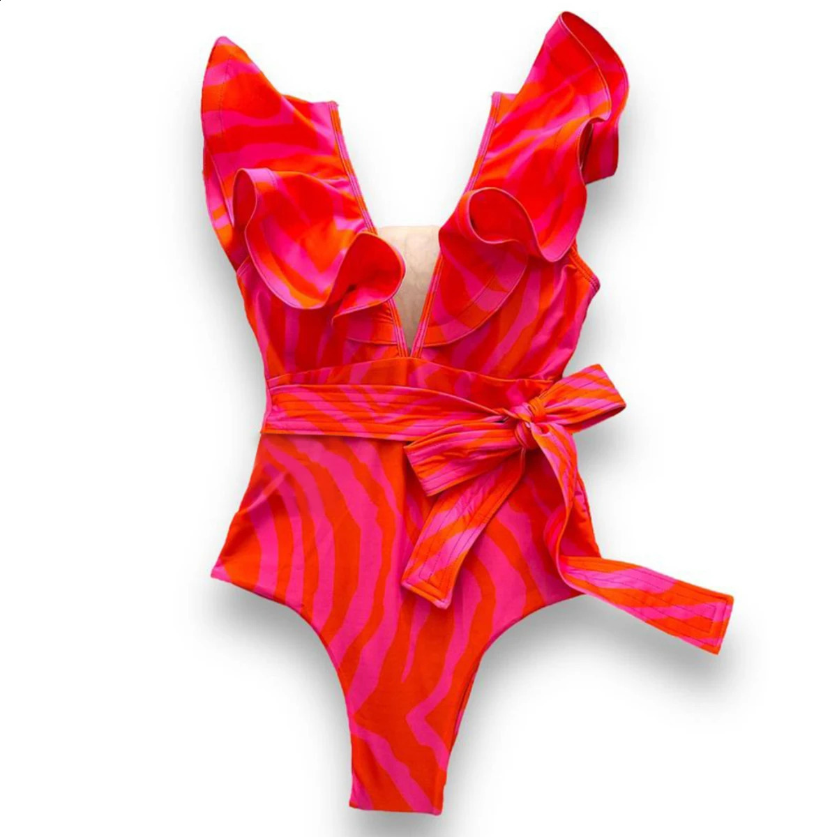 Sexy One-piece Swimsuit Ruffle V-Neck Swimwear Women Backless Push Up Bathing Suit Beach Wear Female Swimming Suit 250109