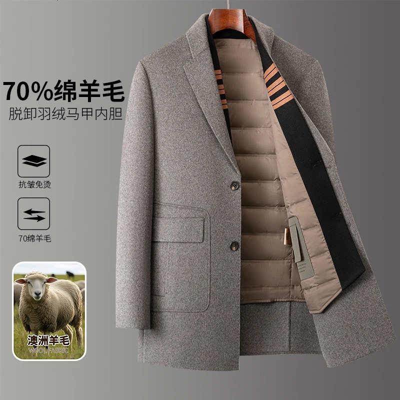 AutumnWinter Mens Double sided Fleece Coat 70 Wool Quality Fabric Detachable Down Inner Tank Business Leisure Warm 250106