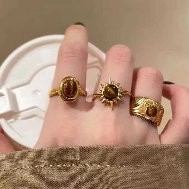 Vintage brown stone ring suitable for girls irregular sun gold aesthetic ring exquisite jewelry fashionable party accessory gift W250111
