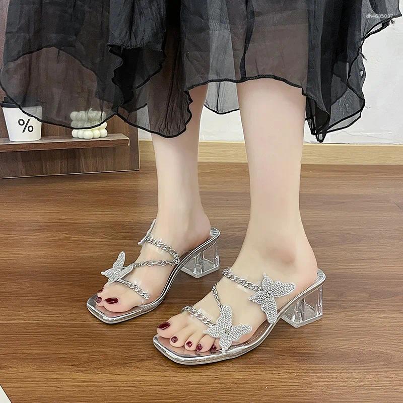 Sandals High Heels Women's Summer Chain Butterfly Outer Wear Versatile Rhie Crystal Heel Slippers QS-KKM-030 zhanyishengli