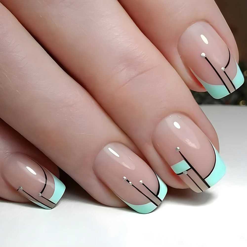 Y2K 24 Pcs Medium Square Press On Nails Pink And Blue French Style False Nails With Rhinestone Shiny Reusable For WomenXJ250110