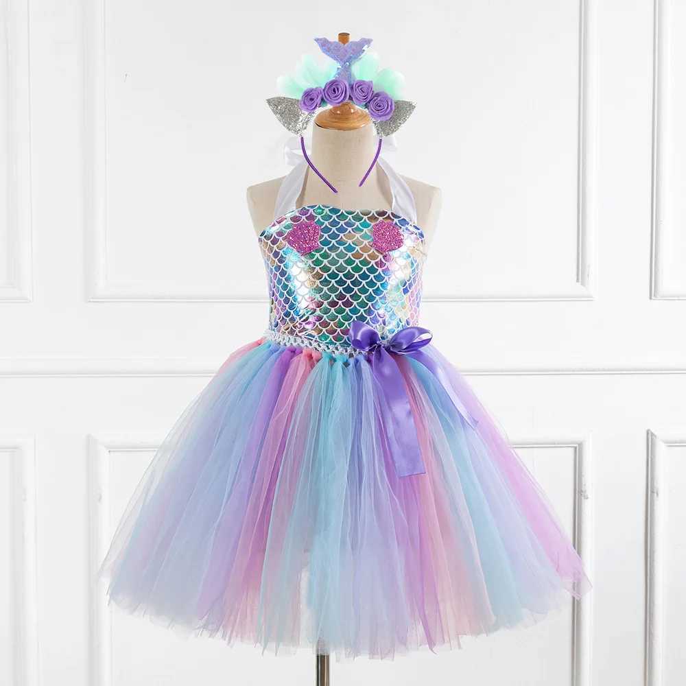 Child girl role-playing Par dress up princess dress up mermaid chiffon Tutu dress theme birthday Par costume with floral headband W250111