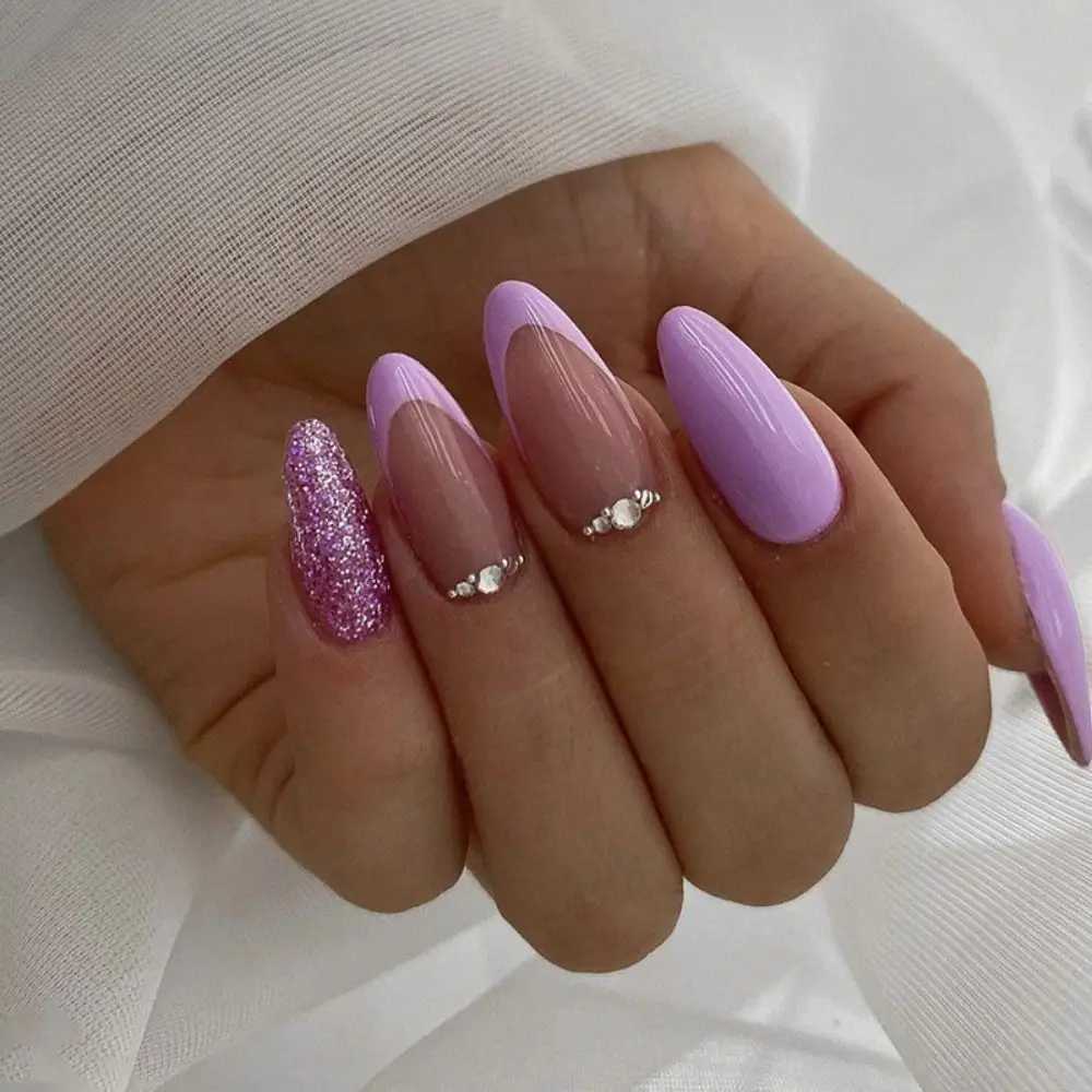 24pcs Long Almond French Purple Glitter White Lines Black Butterfly False Nails Press on Nails DIY Manicure Detachable Nail TipsXJ250110