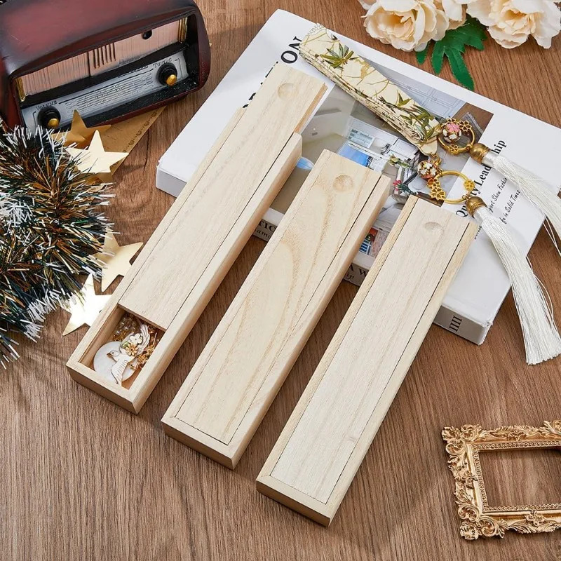 6Pcs Wood Box With Sliding Lid Small Wood Case Pen Box Rectangle Wooden Jewelry Box DIY Storage Chest Pencil Box for Christmas 250106
