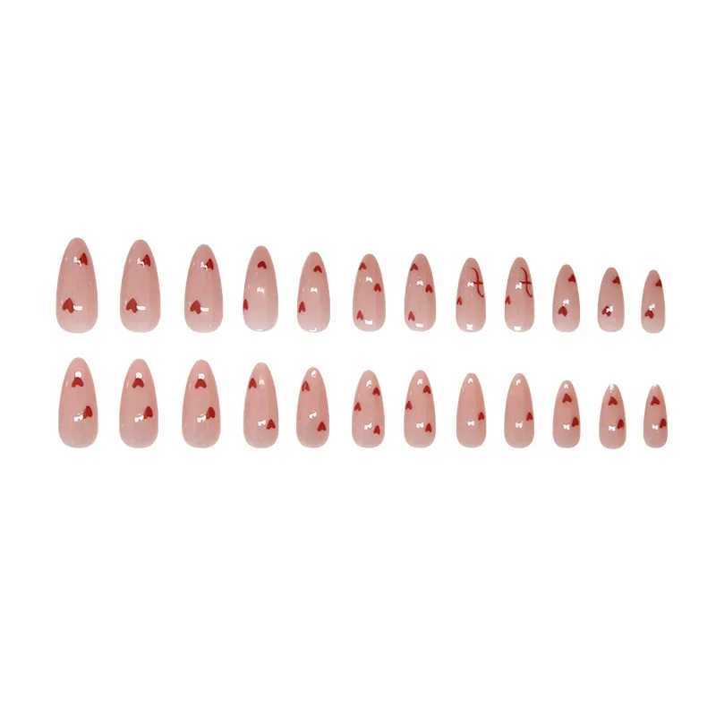 24Pcs Valentine Nude Pink Press-On Nails with Heart Patterns Glossy Almond Shape Sweety False Nails for Women Girls Daily NailsXJ250110