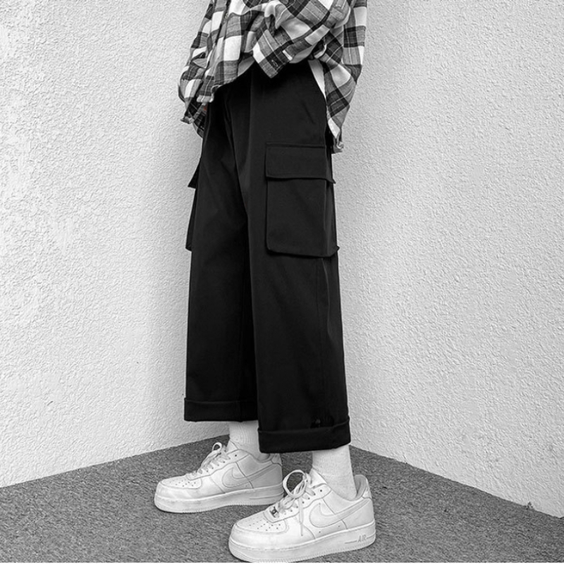 Fashion brand Japanese loose straight leg workwear pants for men's Instagram functional hip-hop wide leg cropped casual pants
