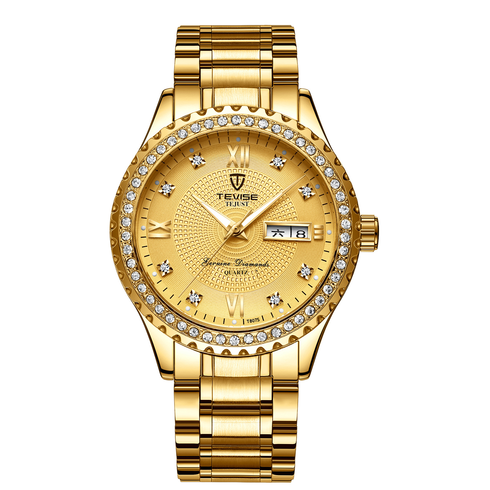 TEVISE Automatic Quartz Watch Designer Diamond-encrusted Waterproof Watch with Day and Date Display for Both Men and Women WristWatch T049-T807B