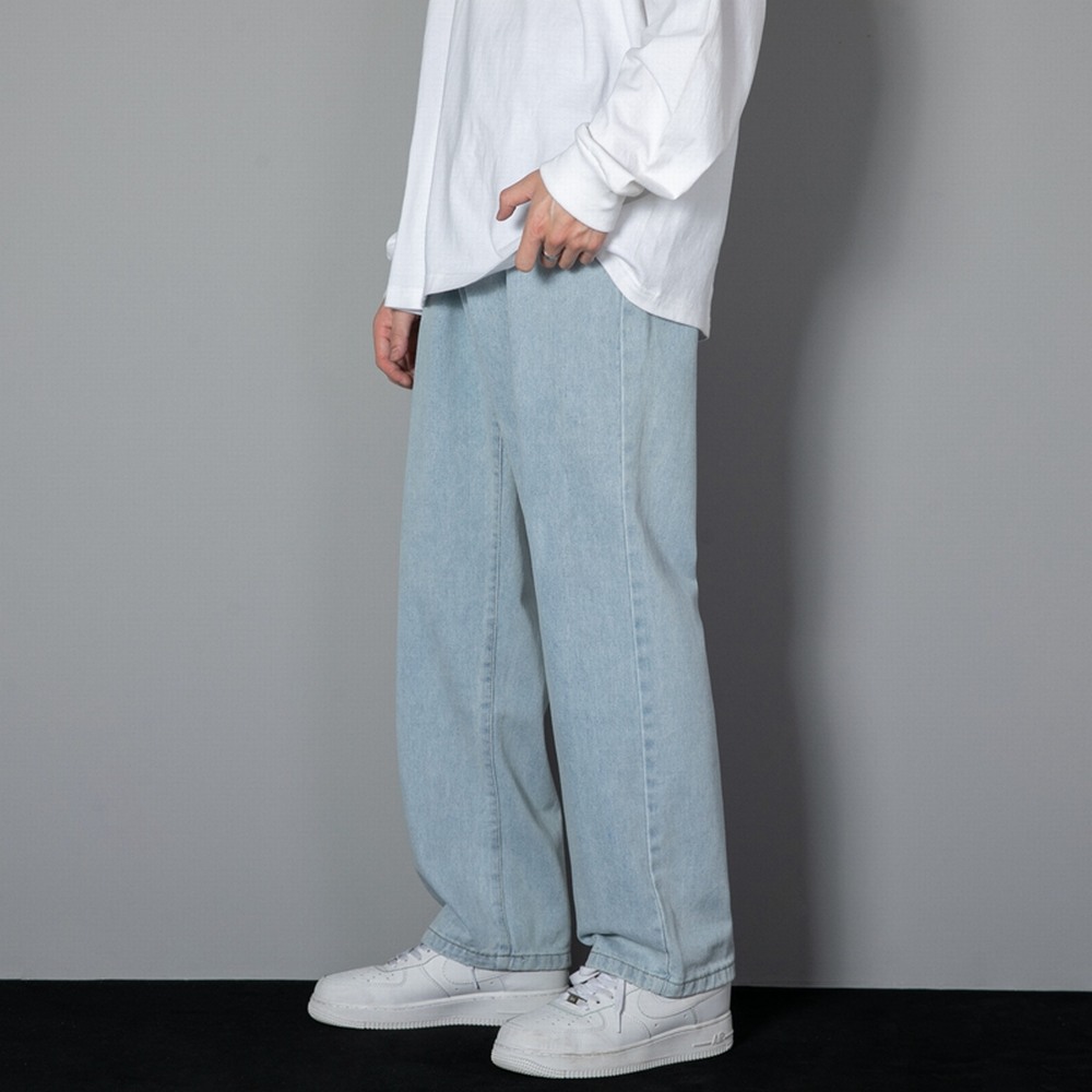 Korean Solid Colors Men's Casual Long Jeans Classic Man Four Seasons Straight Denim Wide-leg Pants Light Blue Grey Black 3XL