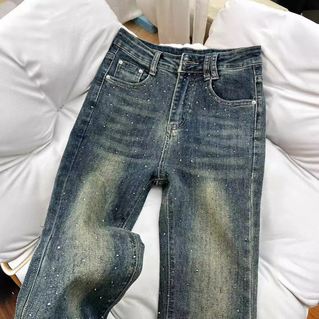 2025S designer micro jeans for women in spring washed worn slim fit flared and floor length pants