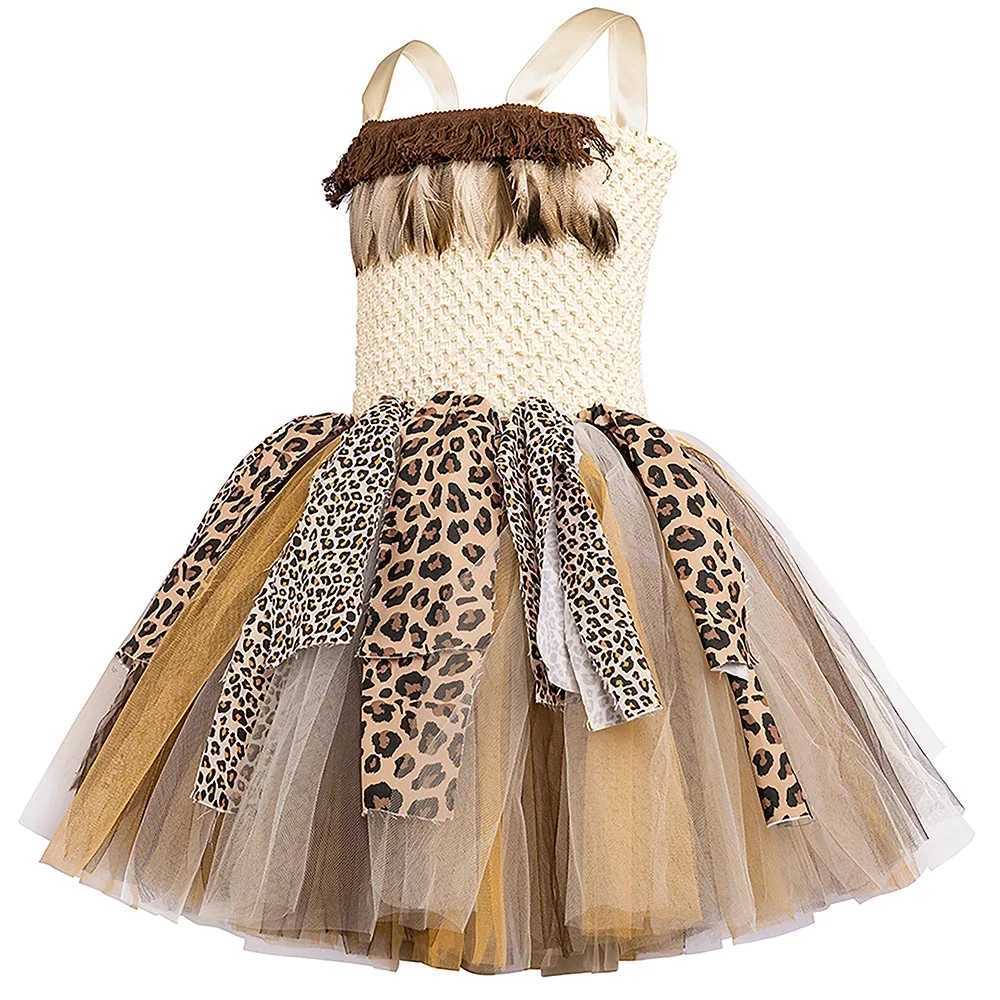 Savage Primitive Caveman Tutu Girl Dress Leopard Indian Indigenous Cave Girl Costume Childrens Halloween Carnival Par Costume W250111
