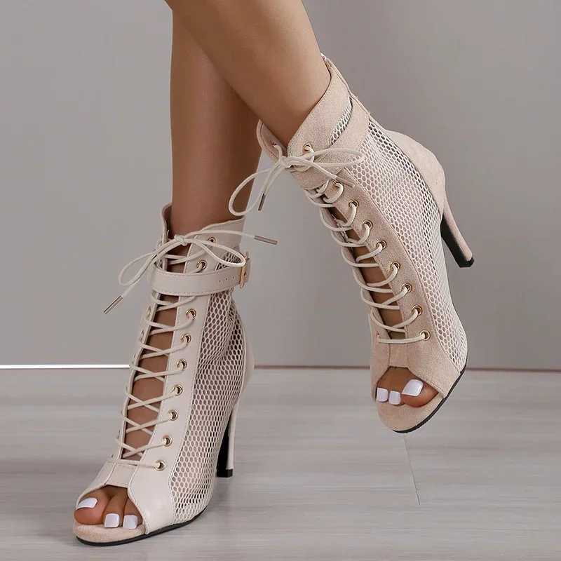 New Arrival Sandals Hollow Mesh Lace Buckle Womens Summer Beige Lace Sexy Open Heel Stiletto Jazz Ball Womens Shoes T250110