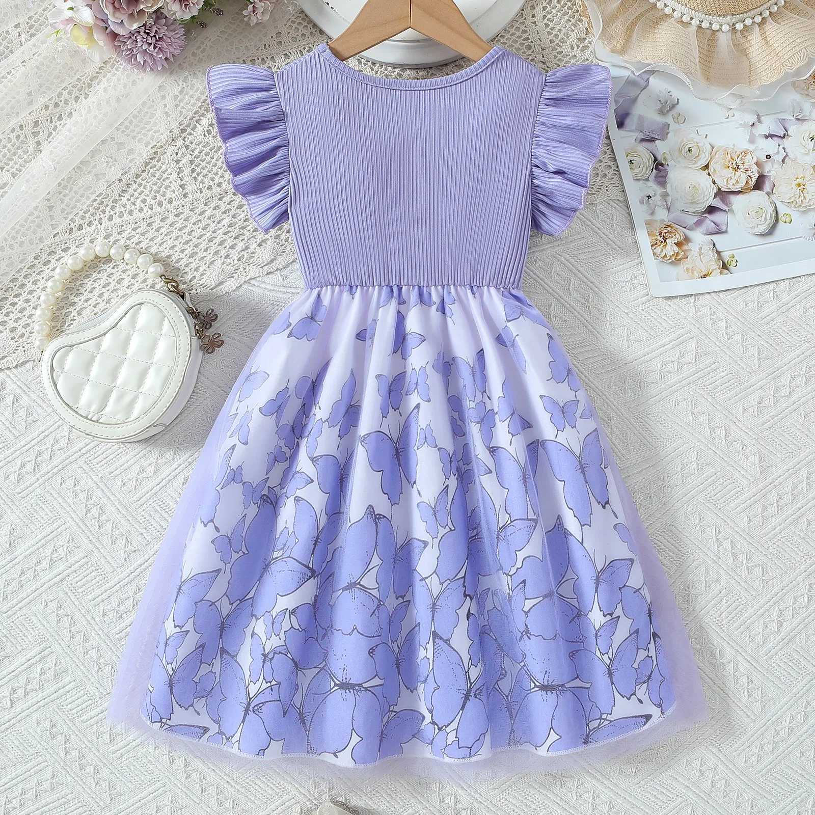2025 New Womens and Childrens Clothing Green Summer Short sleeved Purple Princess Dress Par Baby Dress Childrens Fashion 1-8Y W250111
