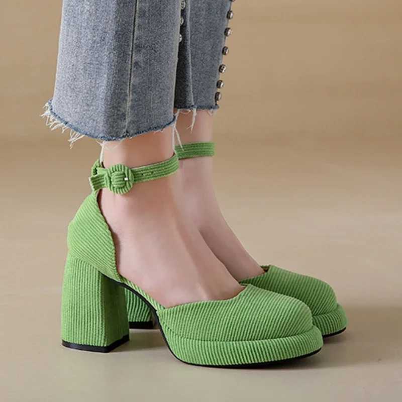 New Arrival Green High Heels Pump Womens Autumn Ankle Shoulder Strap Short Fat Platform Mary Jane Shoes Womens Corduroy Thick High Heels Party Shoes T