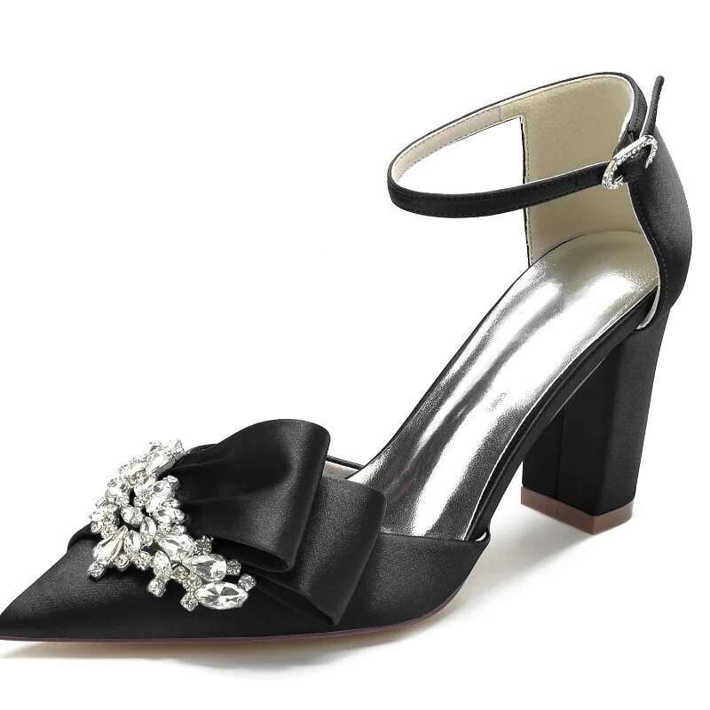 Satin Designer Crystal High Heeled Women Pointed Toe Rhie Chunky Party Dress Fashion Jewel Wedding Shoes