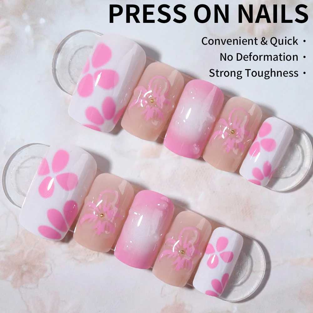 24pcs short and medium false nails square nails colorful painted flowers Water Beads design press on nails removablereusableXJ250110