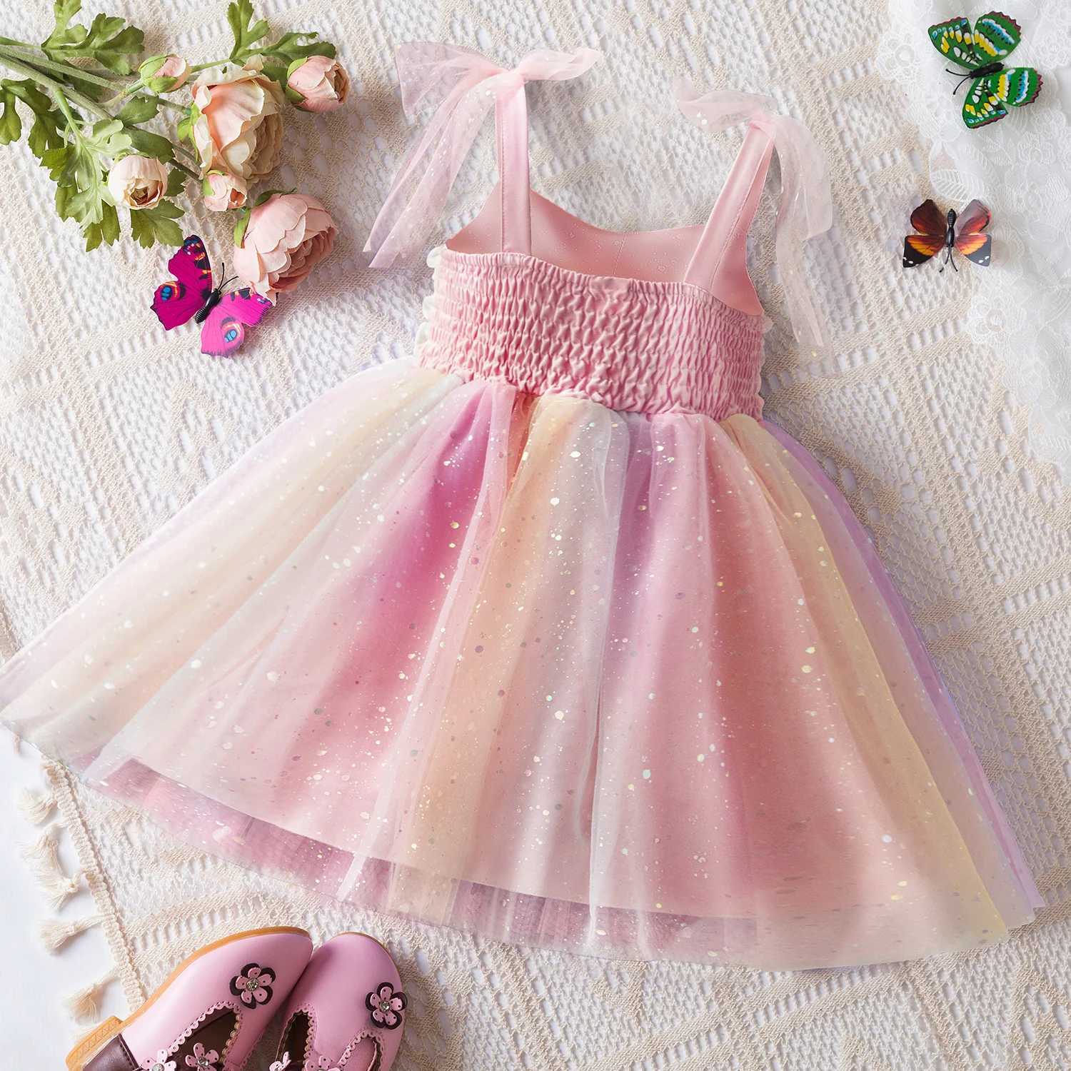 Summer girl dress rainbow sleeveless 2024 new princess birthday Par childrens sequin Tutu dress children 1-5Y baby W250111