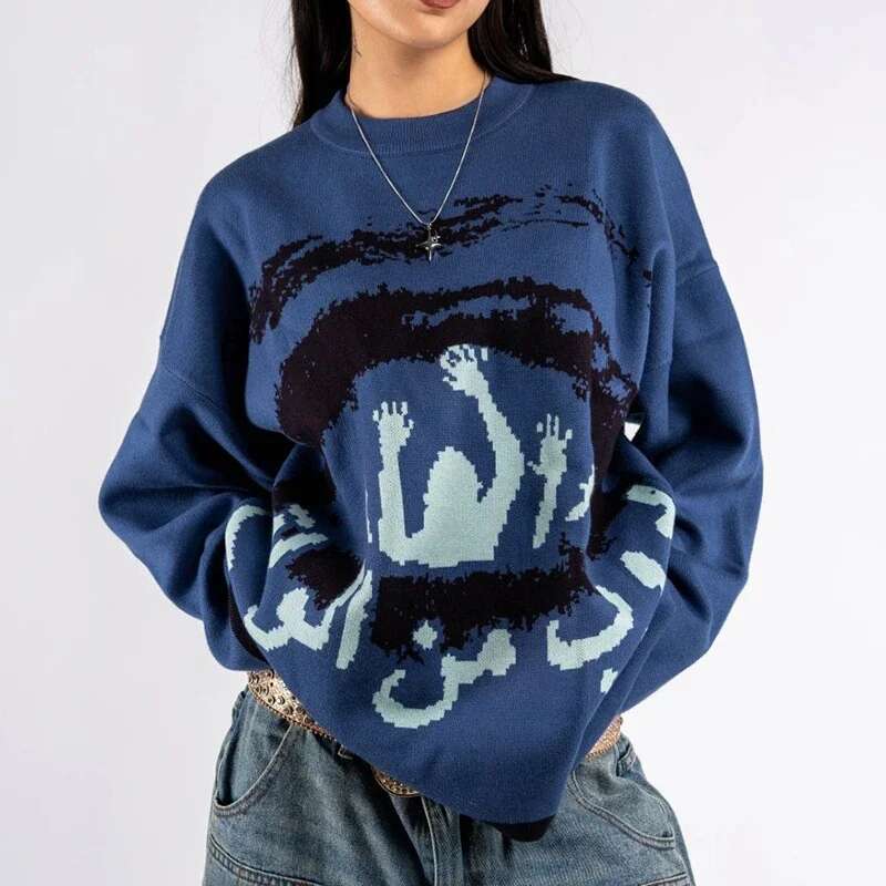 2024 European And American Ins Retro Loose Lazy Style Pullover Printed Knit Sweater Top