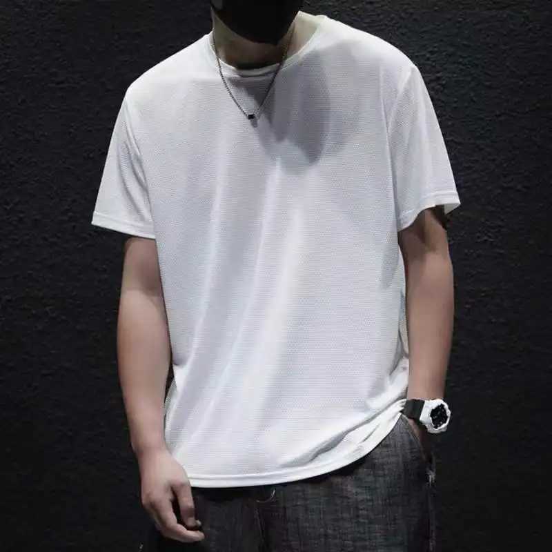 2024 New Summer Ice Silk Mens Cold Short sleeved O-neck Elastic Quick drying Breathable Sweatshirt for Men W250111