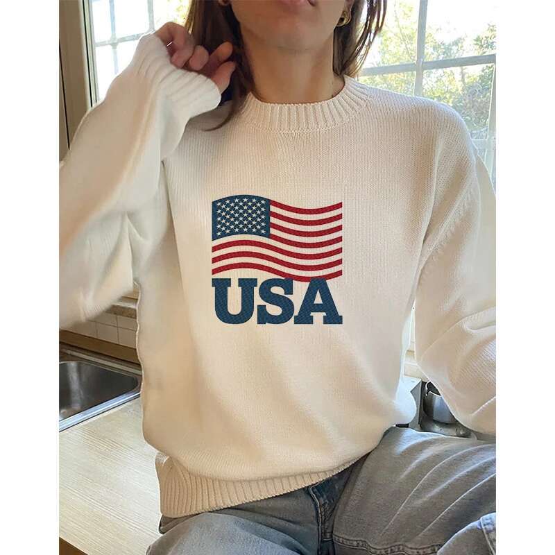 Women USA Letters Print Graphic Casual Aesthetic Sweaters Vintage Fashion Autumn Winter Haruku Streetwear Classic Clothes