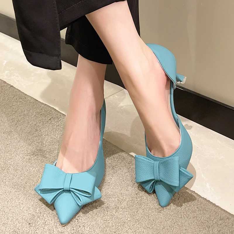 New Arrival new Bowknit thin boot pump womens blue elegant sliding party shoes womens summer Pointed sole solid color high heels T250110