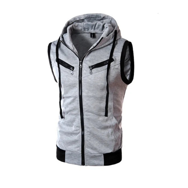 2023 SpringSummer Mens Top Hooded Tank Sleeveless Vest Solid Casual Hoodie Pocket Zipper Coat 250107
