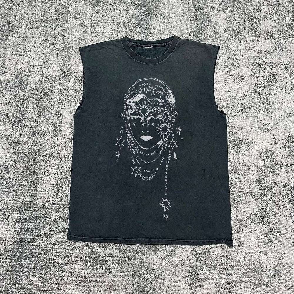 Inspiration American high street vintage washed sleeveless vest T-shirt line draft design with a sense of camisole