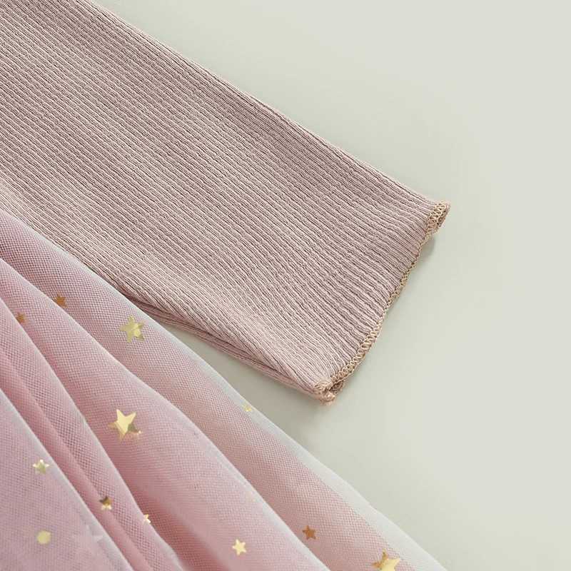 Girl sequin star moon pattern layered chiffon Tutu dress crew collar long sleeved autumn princess childrens casual dress W250111