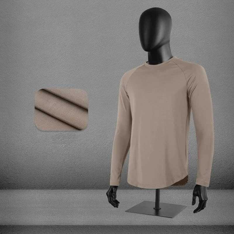 Sports running mens long sleeved T-shirt with curved hem warm gym workout clothes quick drying and breathable training round neck top W250111