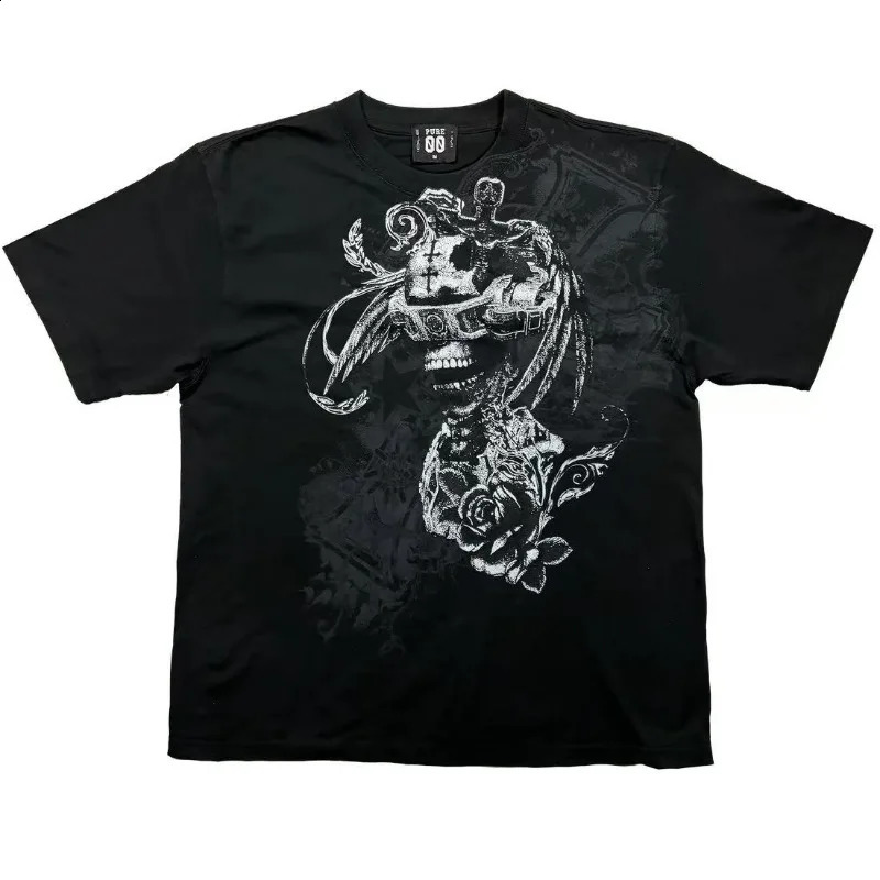 Y2k Harajuku Trend Hip Hop Oversized Tshirt Vintage Goth loose shirt Skull personality n printed short sleeve men clothing 250108