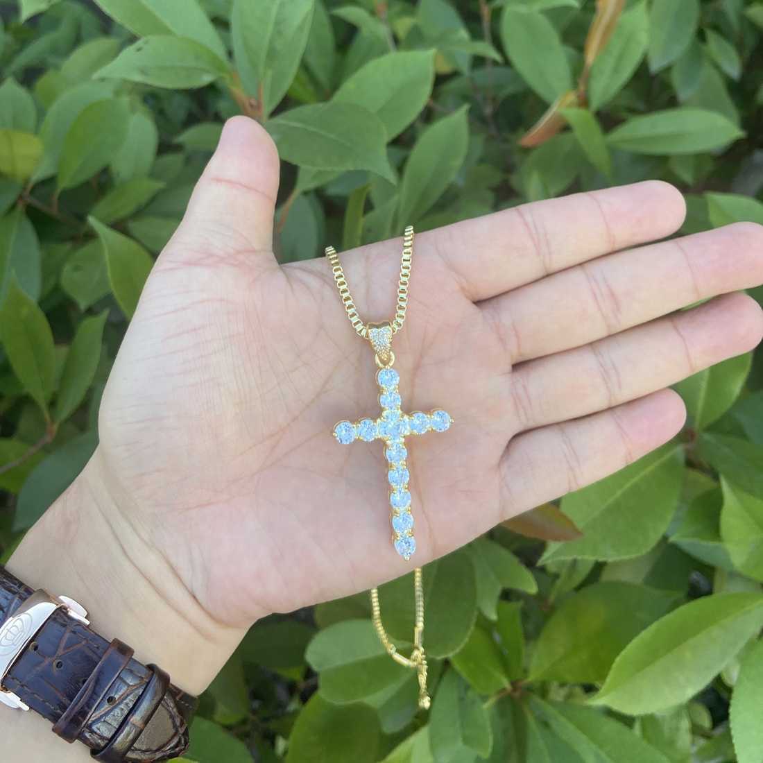Crystal Diamond Christian Religion Jewelry Gold Plated Stainless Steel Chain CZ Micro Pave Cross Pendant Necklace