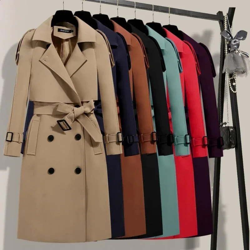 Womens Trench Coat with Belt Autumn Korean Longstyle Ladies Doublebreasted Solid Khaki Adjustable Waist for Women 250102