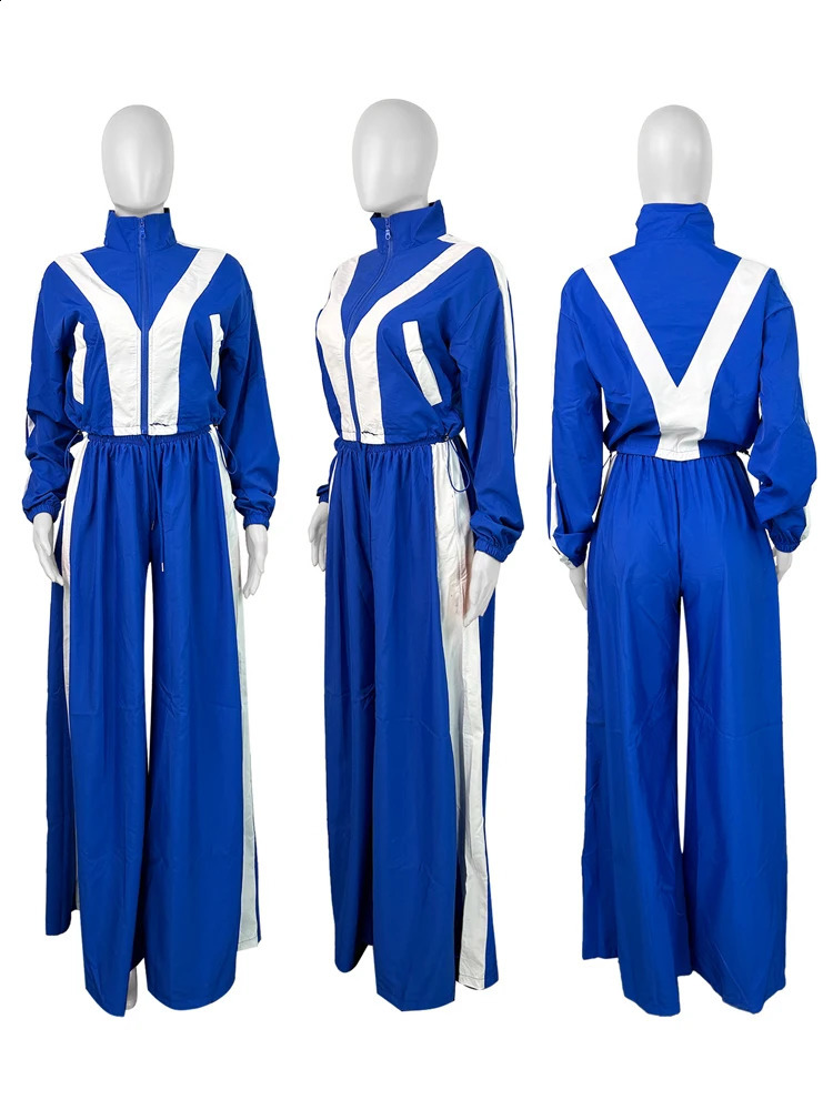 Color Contrast Women Sets Loose Casual Zip Up Jacket with High Waist Drawstring Wide Leg Pants Suit Street Sweatsuit 2 Piece Set 250109