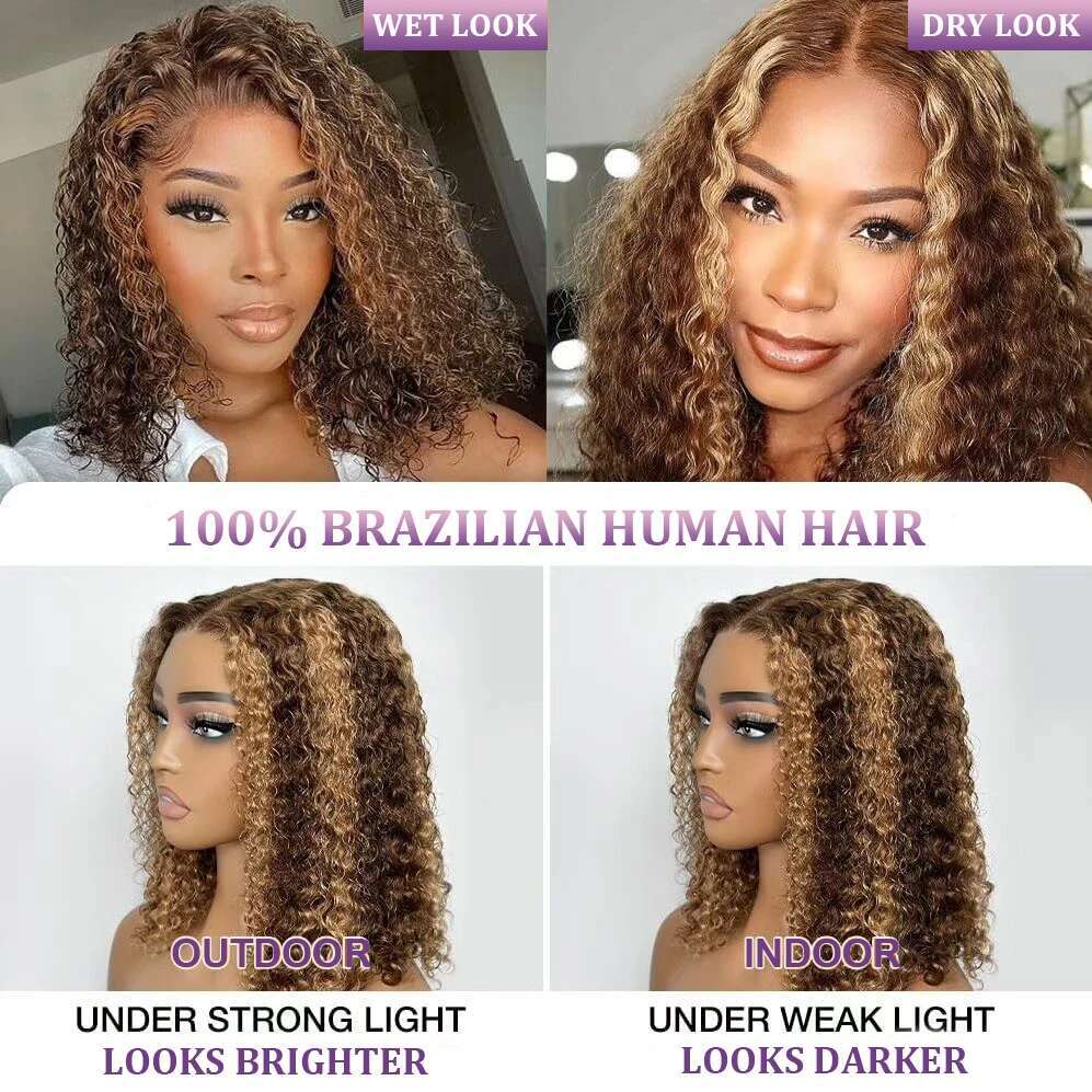 Highlight Short Wave 13X4 Lace Wigs Brazilian Human Hair Deep Curly Full Frontal Bob Wig Ombre Color
