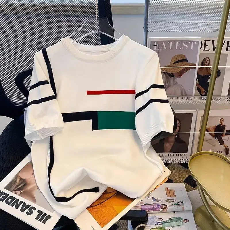 Mens Knit Short Sleeve TShirt Summer Thin Style Slim Fit Breathable Trendy Jacquard Striped Youth Wear Top 250108