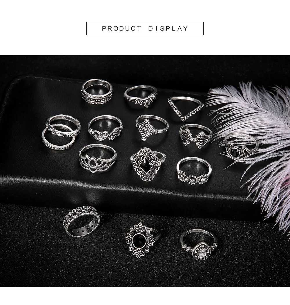 DIEZI 15 Pcs/set Bohemian Retro Crystal Flower Leaves Hollow Lotus Gem Silver Color Ring Set Women Wedding Anniversary GiftXJ250110