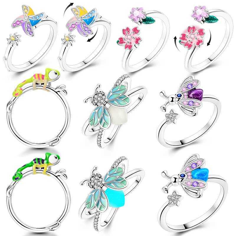 925 sterling silver rotating windmill cherry wreath can emit light and change color firefly chameleon ring W250111