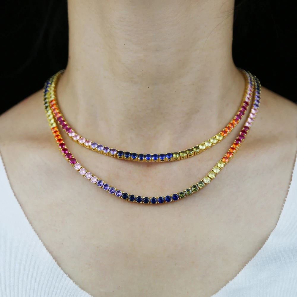 High Quality Rainbow Full 4mm Cz Paved Tennis Chain Choker Necklaces For Women Charm Gold Color Hip Hop Fashion Wedding Jewelry 250107