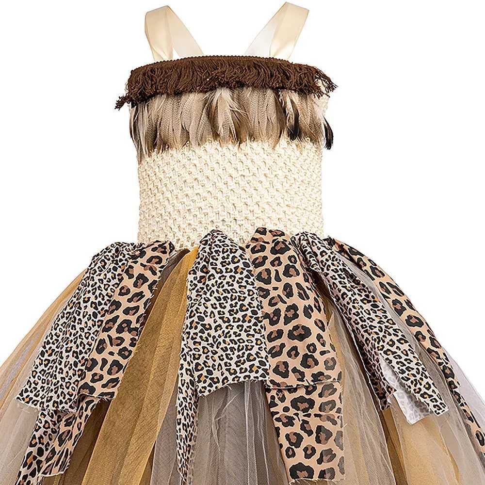 Savage Primitive Caveman Tutu Girl Dress Leopard Indian Indigenous Cave Girl Costume Childrens Halloween Carnival Par Costume W250111