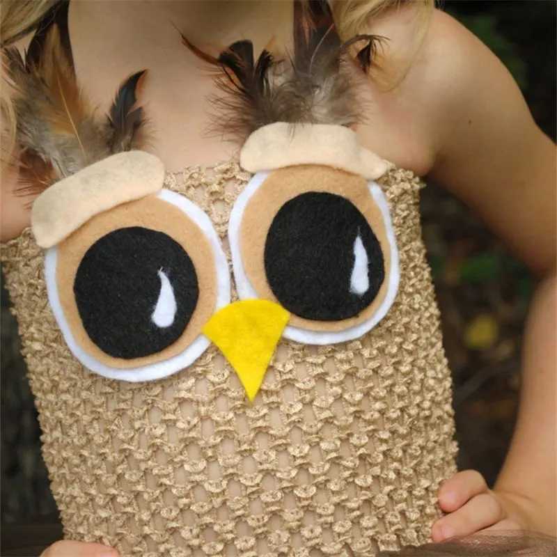 Cute girl coffee owl animal feather Tutu dress children crochet chiffon dress children role-playing bar costume W250111