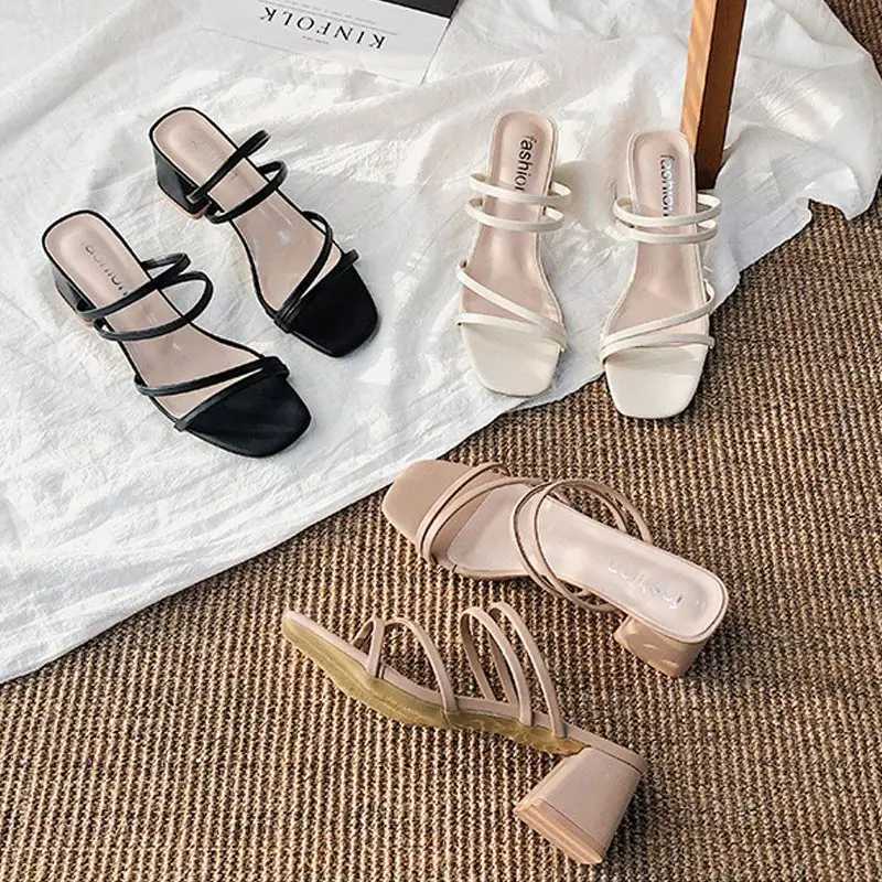 New Arrival Womens sandals womens square high heels elegant summer slippers diplomatic fork leather womens sandals T250110