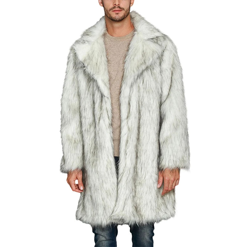 YILEEGOO Men Winter Faux Fur Coat Long Sleeve Lapel Collar Open Front Fluffy Jacket Outwear 250107