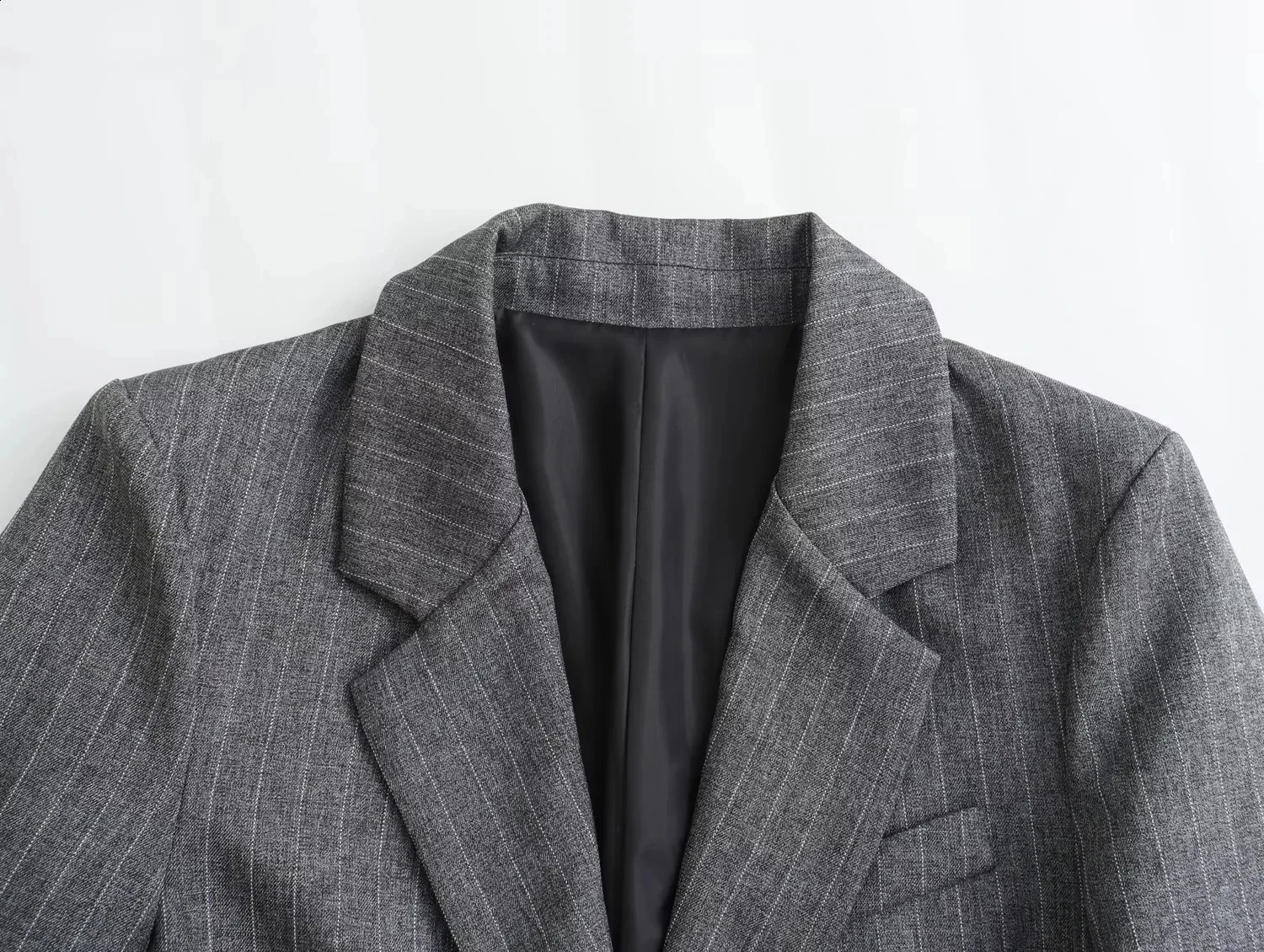 2025 Spring Women Fashion Grey 2 Piece Sets Woman Pinstripes Pockets Slim Blazer Coat Zipper Versatile Female Mini Skirts 250109