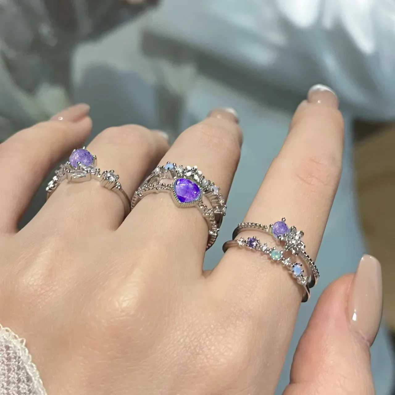 New Y2K Crystal Rings Kpop Heart Adjustable Ring Irregular Geometry Punk Vintage Rings Set for Women Girls 2024 Fashion JewelryXJ250110