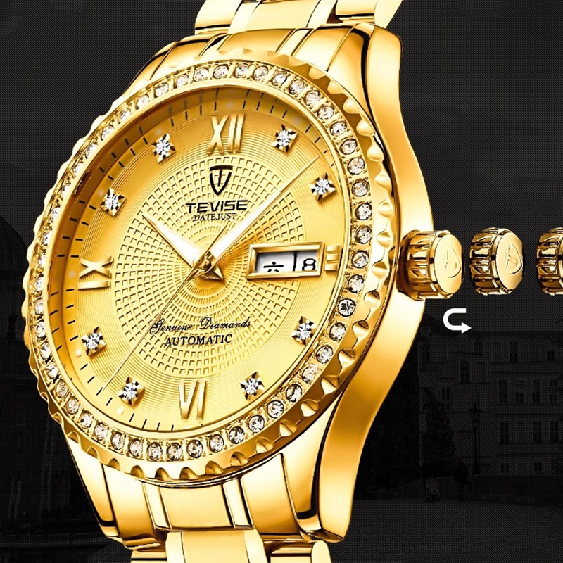 TEVISE Automatic Quartz Watch Designer Diamond-encrusted Waterproof Watch with Day and Date Display for Both Men and Women WristWatch T049-T807B
