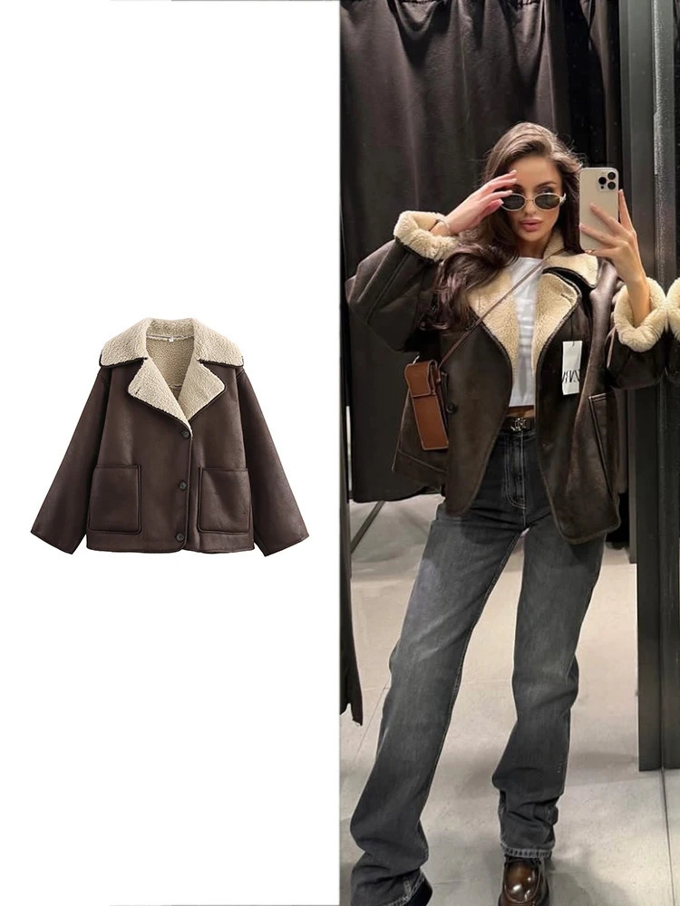 TRAF Womens Fashion Retro Lapel Single Breasted Jacket Khaki Faux Leather Warm Thickened Fluffy Coat 250103