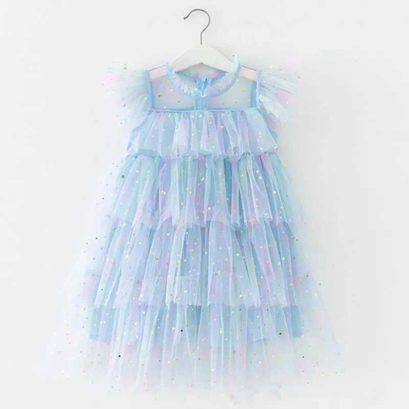 2023 Summer New Girl Par Dress Rainbow Glitter Birthday Princess Costume Childrens Holiday Beach Bathing Net Cake Costume W250111