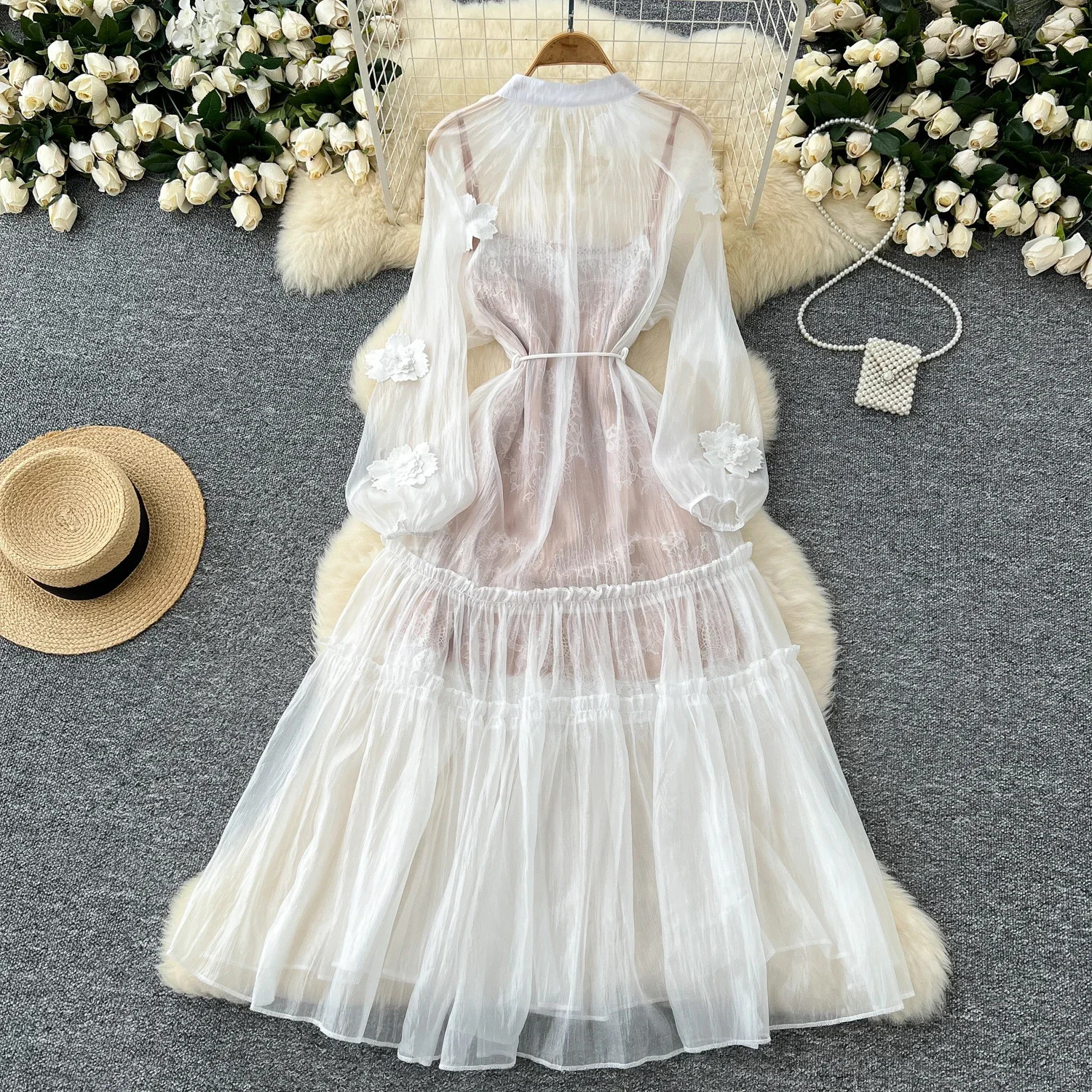 Fashionable womens two-piece retro 3D floral single chest mesh dress for vacation and high street shoulder strap dress 250110